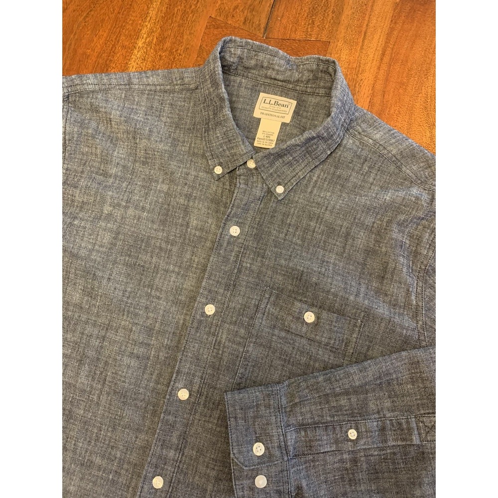 LL Bean Comfort Stretch Chambray Shirt Men's Large Reg Blue Untucked Fit Denim
